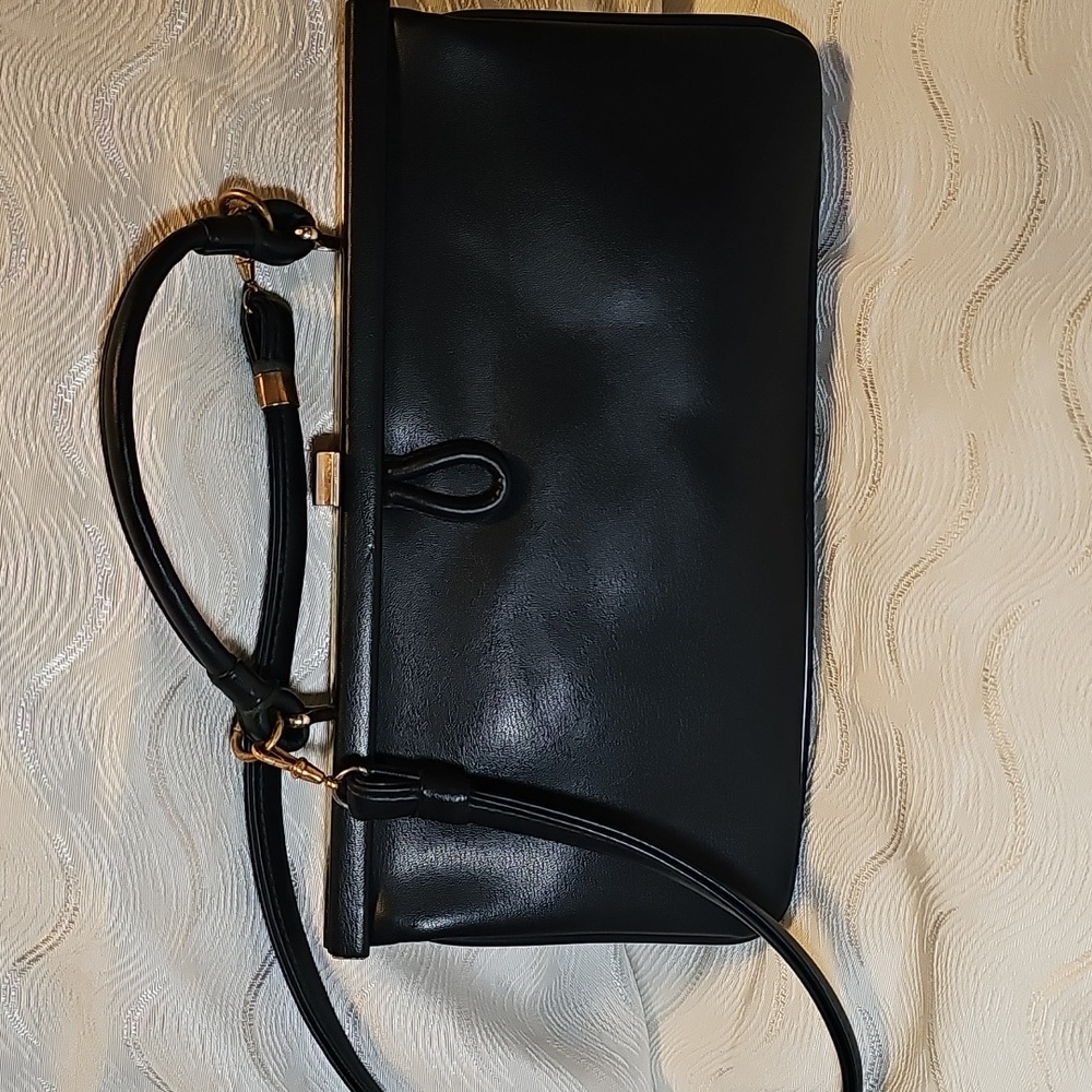 Vintage Navy Leather Top Handle Bag Very Good Condition